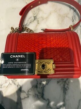 CHANEL Red Quilted Python Boy Bag with Gold-Tone Hardware